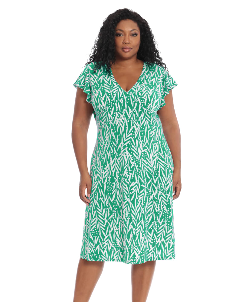 Front of a model wearing a size 14W Lilly Ruffle Sleeve Midi Dress in Grn/SW by London Times. | dia_product_style_image_id:268573